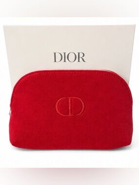 Christian Dior Red Velvet Cosmetic Makeup Bag Pouch w/ Silver Zip ❤️